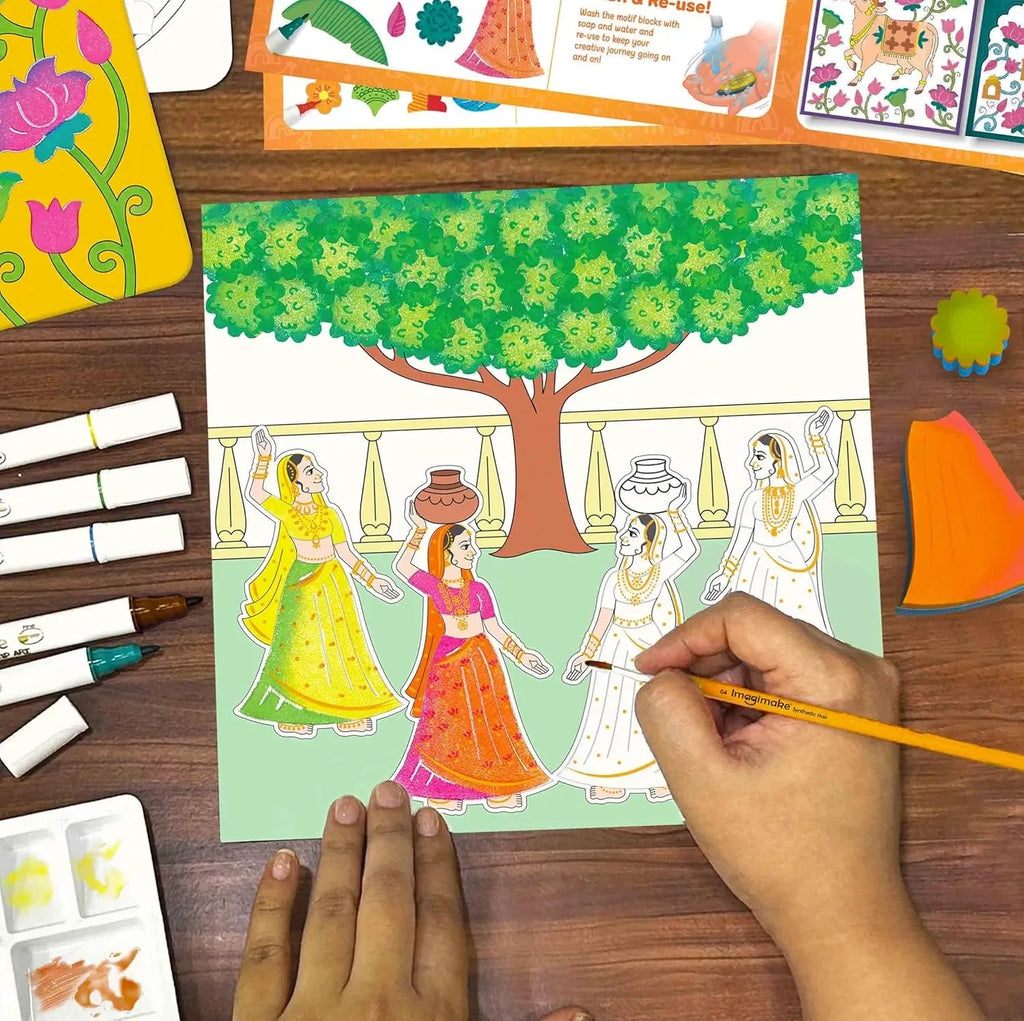 Imagimake DIY Pichwai Art Kit – Make 12 Paintings | Traditional Pichwai Painting & Colouring Kit | Water Brush Pens, Stamps, Motif Blocks | Art & Craft Activity for Kids & Adults | Ideal Gift for Girls Age 8–12 - Naivri