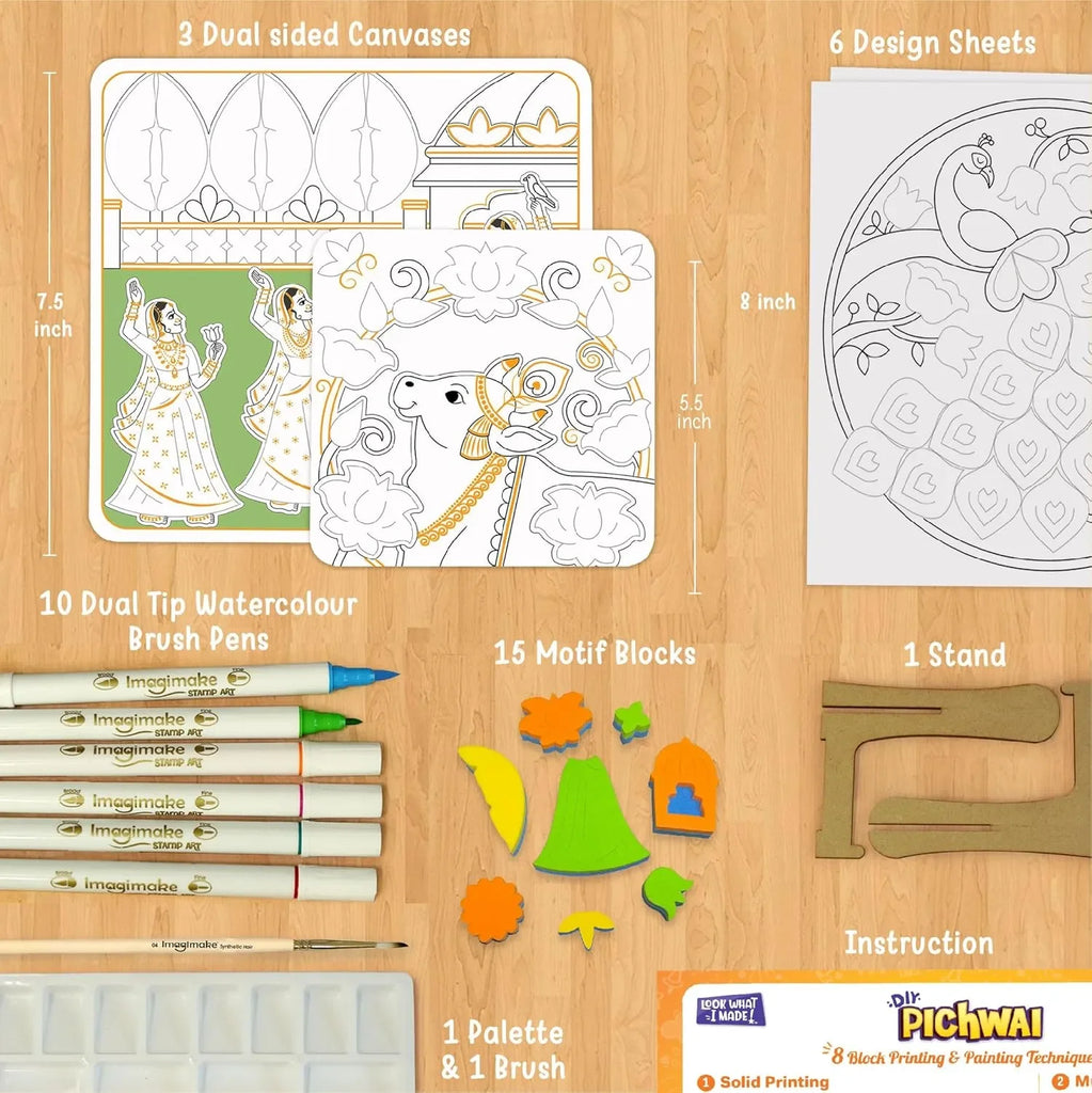 Imagimake DIY Pichwai Art Kit – Make 12 Paintings | Traditional Pichwai Painting & Colouring Kit | Water Brush Pens, Stamps, Motif Blocks | Art & Craft Activity for Kids & Adults | Ideal Gift for Girls Age 8–12 - Naivri