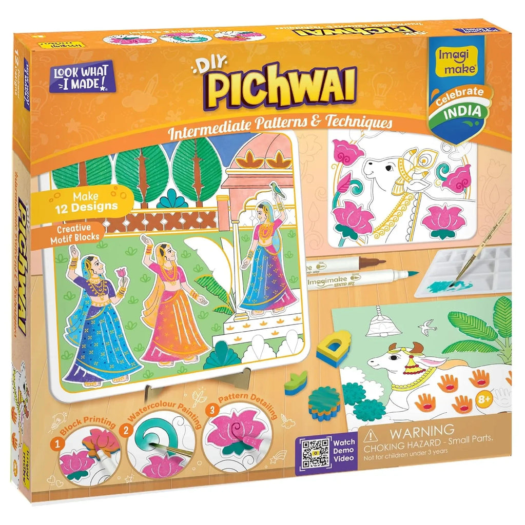 Imagimake DIY Pichwai Art Kit – Make 12 Paintings | Traditional Pichwai Painting & Colouring Kit | Water Brush Pens, Stamps, Motif Blocks | Art & Craft Activity for Kids & Adults | Ideal Gift for Girls Age 8–12 - Naivri