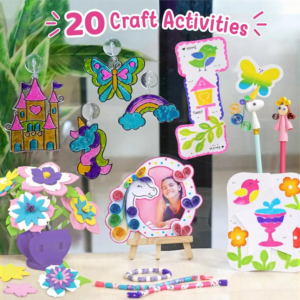 Imagimake Fabulous Craft Kit – 5-in-1 Arts & Crafts Set for Kids | DIY Gift Box for Girls Age 5-9 | Glass Painting, Paper Quilling, Stamp Art, 3D Foam Craft & Band Making | 200+ Tools & Materials - Naivri