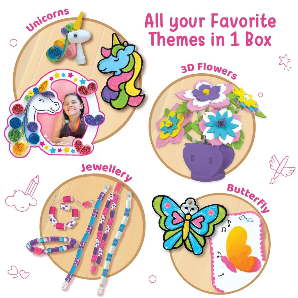 Imagimake Fabulous Craft Kit – 5-in-1 Arts & Crafts Set for Kids | DIY Gift Box for Girls Age 5-9 | Glass Painting, Paper Quilling, Stamp Art, 3D Foam Craft & Band Making | 200+ Tools & Materials - Naivri