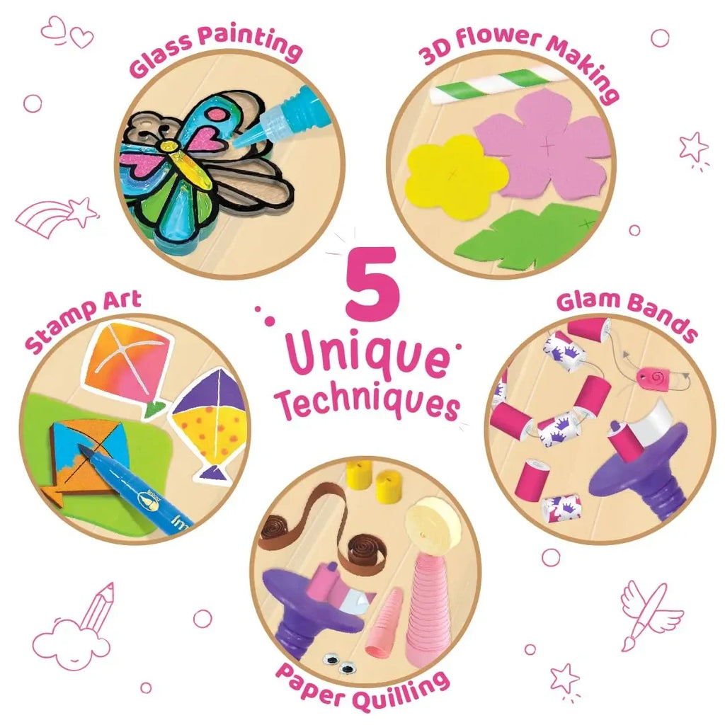 Imagimake Fabulous Craft Kit – 5-in-1 Arts & Crafts Set for Kids | DIY Gift Box for Girls Age 5-9 | Glass Painting, Paper Quilling, Stamp Art, 3D Foam Craft & Band Making | 200+ Tools & Materials - Naivri