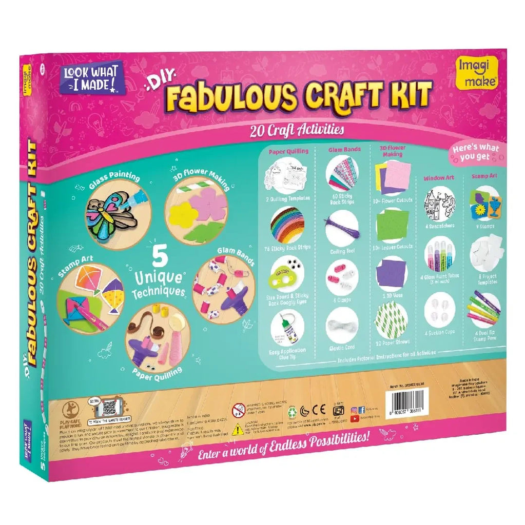 Imagimake Fabulous Craft Kit – 5-in-1 Arts & Crafts Set for Kids | DIY Gift Box for Girls Age 5-9 | Glass Painting, Paper Quilling, Stamp Art, 3D Foam Craft & Band Making | 200+ Tools & Materials - Naivri