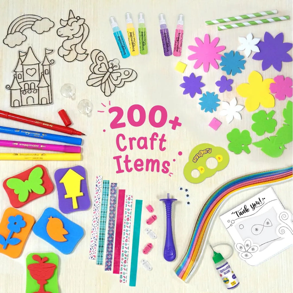 Imagimake Fabulous Craft Kit – 5-in-1 Arts & Crafts Set for Kids | DIY Gift Box for Girls Age 5-9 | Glass Painting, Paper Quilling, Stamp Art, 3D Foam Craft & Band Making | 200+ Tools & Materials - Naivri