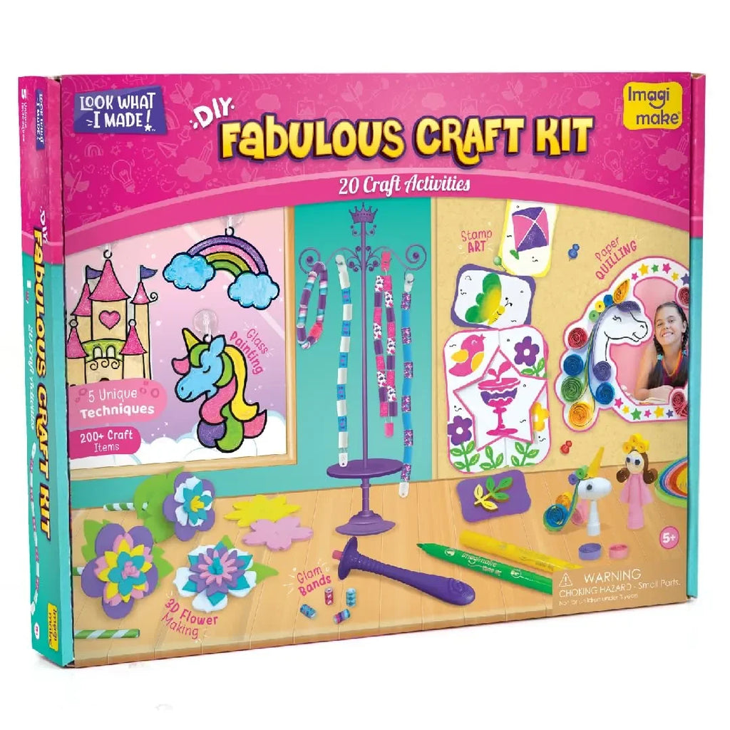 Imagimake Fabulous Craft Kit – 5-in-1 Arts & Crafts Set for Kids | DIY Gift Box for Girls Age 5-9 | Glass Painting, Paper Quilling, Stamp Art, 3D Foam Craft & Band Making | 200+ Tools & Materials - Naivri