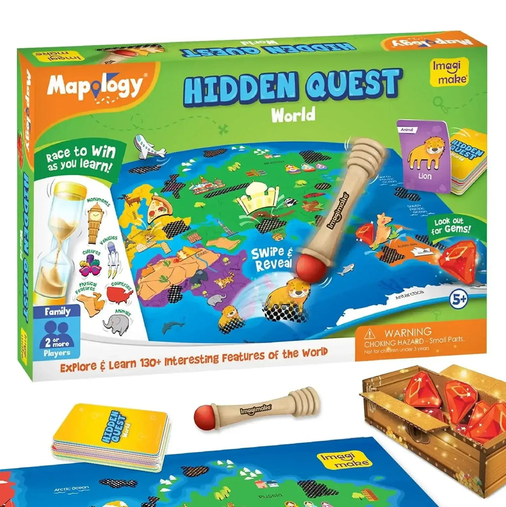 Imagimake Mapology Hidden Quest World – Interactive World Geography Game for Kids Ages 7+ | Educational Toy for Boys & Girls with Swiping Fun, 130+ Features, Gems & Treasure Box - Naivri
