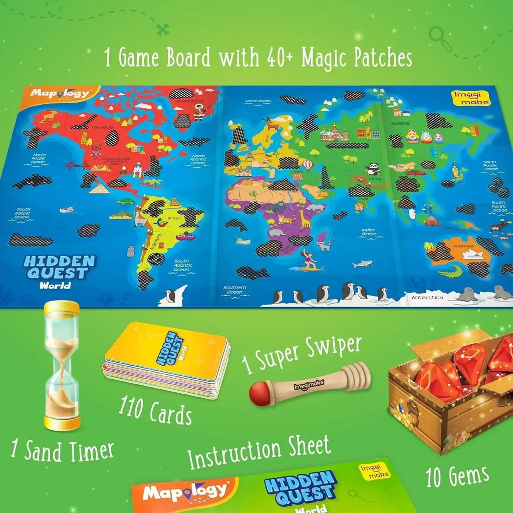 Imagimake Mapology Hidden Quest World – Interactive World Geography Game for Kids Ages 7+ | Educational Toy for Boys & Girls with Swiping Fun, 130+ Features, Gems & Treasure Box - Naivri