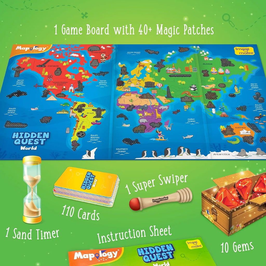 Imagimake Mapology Hidden Quest World – Interactive World Geography Game for Kids Ages 7+ | Educational Toy for Boys & Girls with Swiping Fun, 130+ Features, Gems & Treasure Box - Naivri
