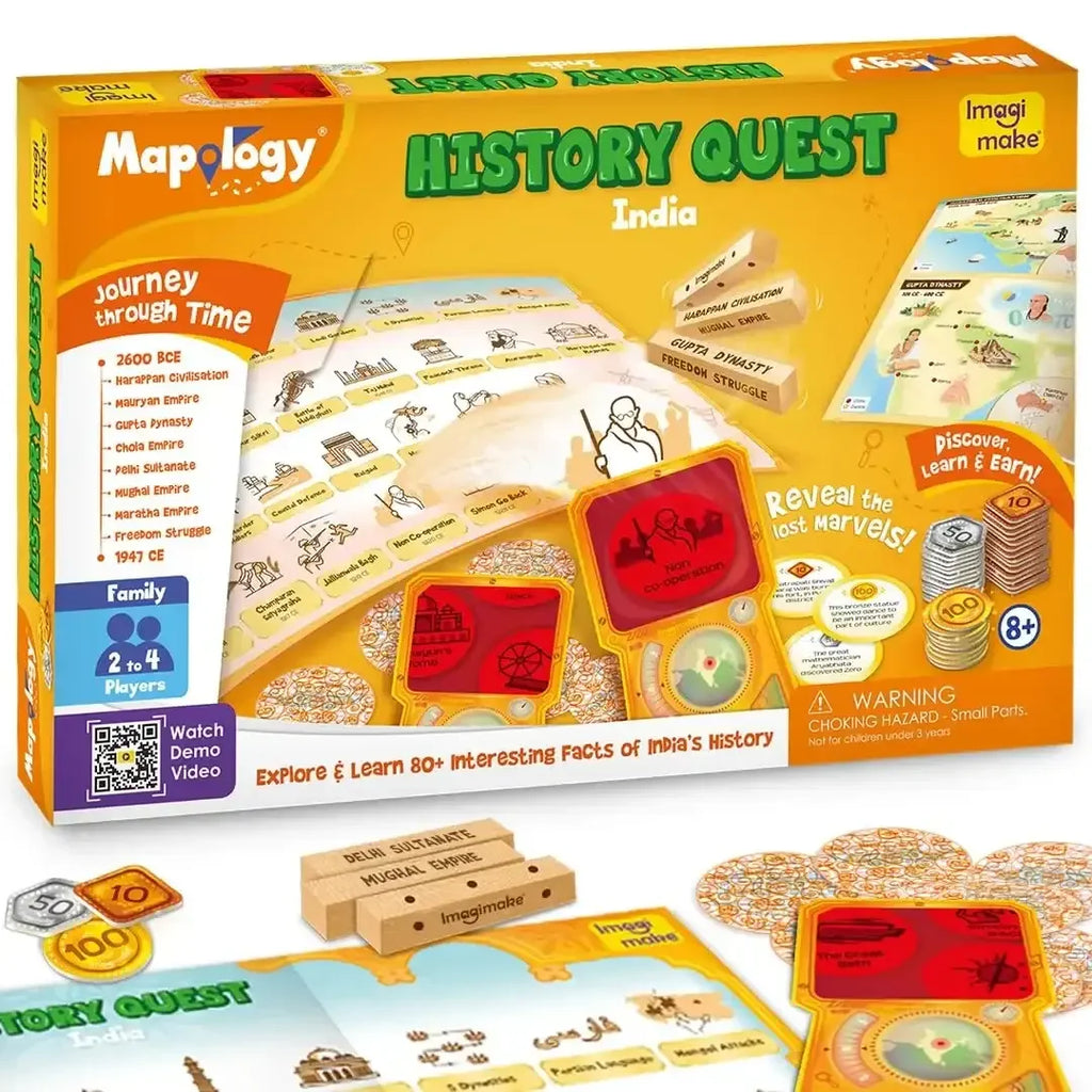 Imagimake Mapology History Quest - India | Historical Board Game for Kids Age 7+ | Learn Indian History Through 8 Eras | Discovery Lens, Artefact Tokens, Ancient Dice | Educational Toy for Girls & Boys - Naivri