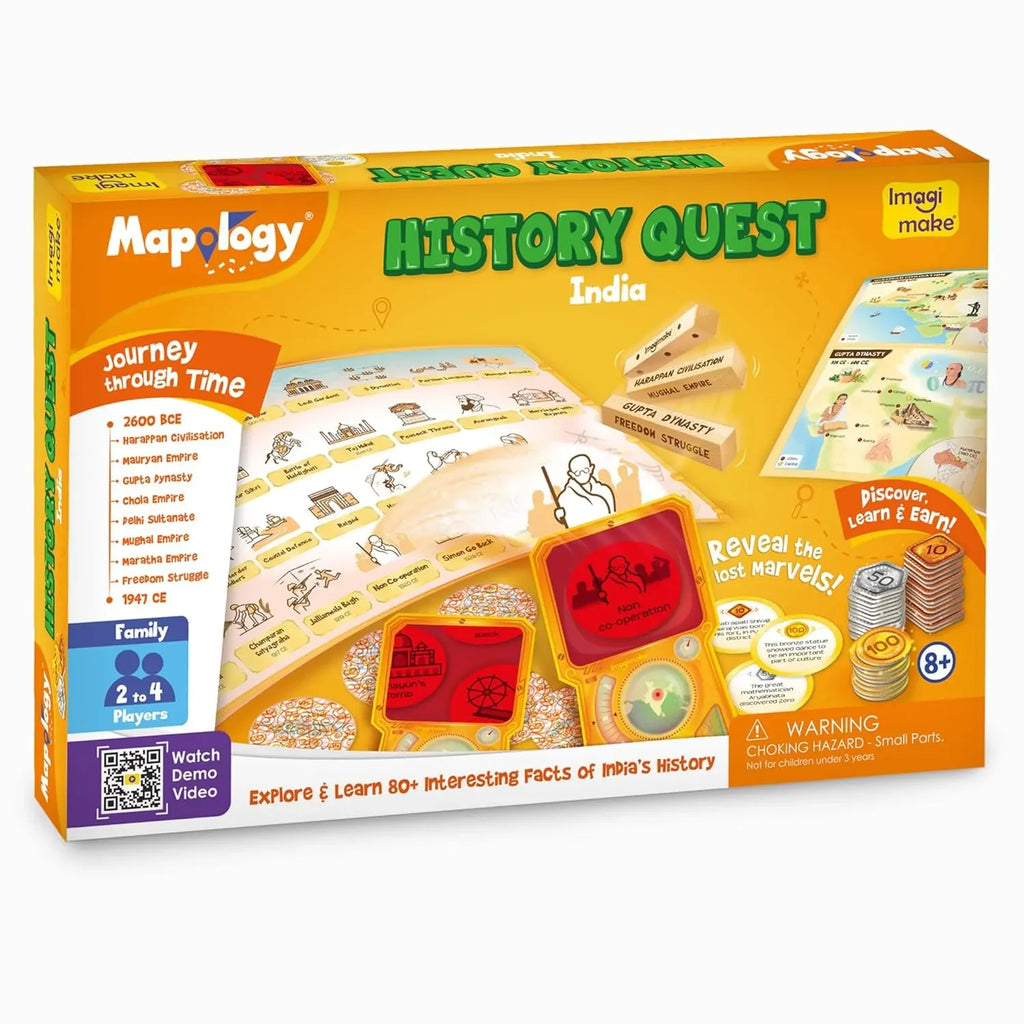 Imagimake Mapology History Quest - India | Historical Board Game for Kids Age 7+ | Learn Indian History Through 8 Eras | Discovery Lens, Artefact Tokens, Ancient Dice | Educational Toy for Girls & Boys - Naivri