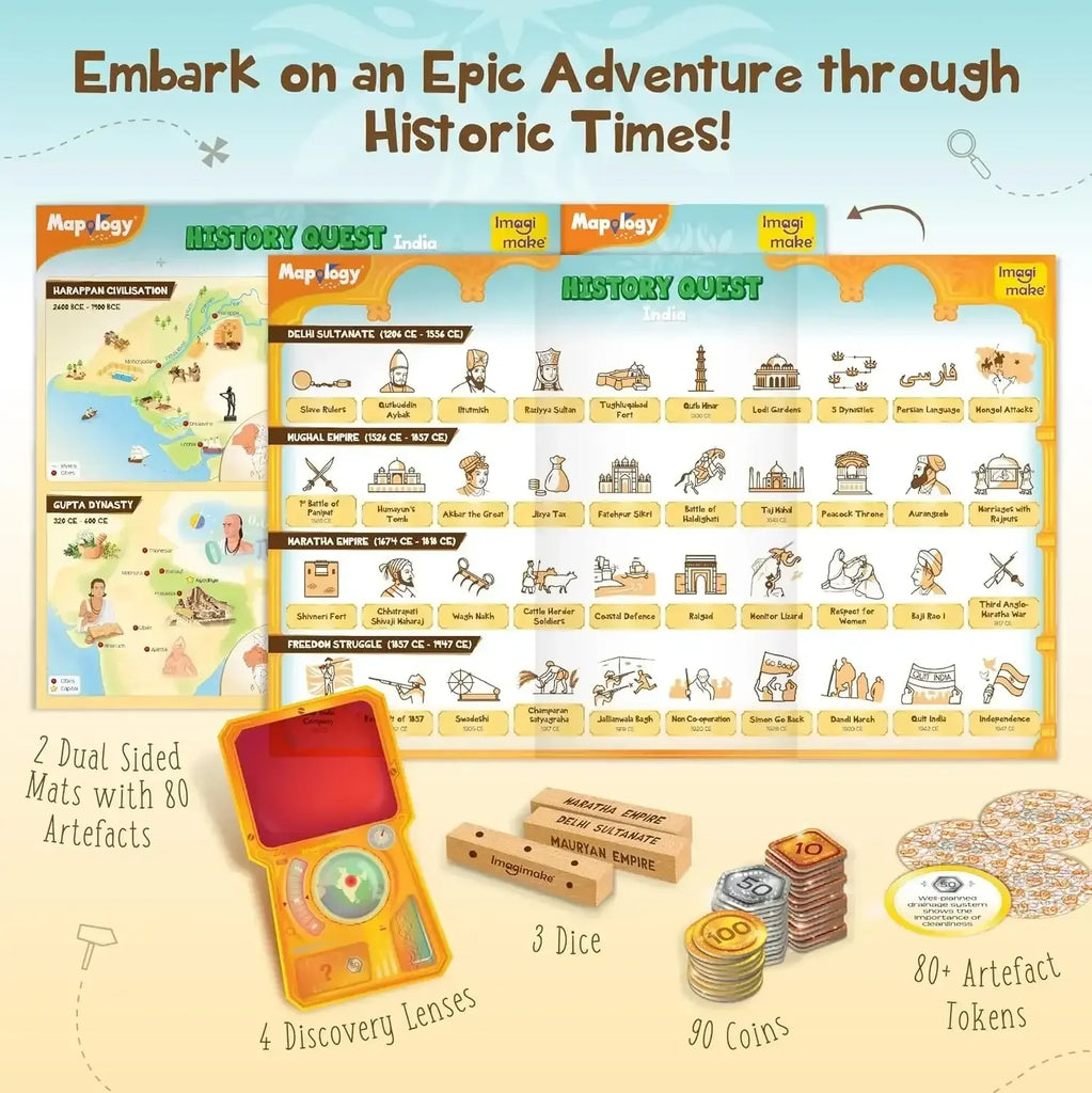 Imagimake Mapology History Quest - India | Historical Board Game for Kids Age 7+ | Learn Indian History Through 8 Eras | Discovery Lens, Artefact Tokens, Ancient Dice | Educational Toy for Girls & Boys - Naivri
