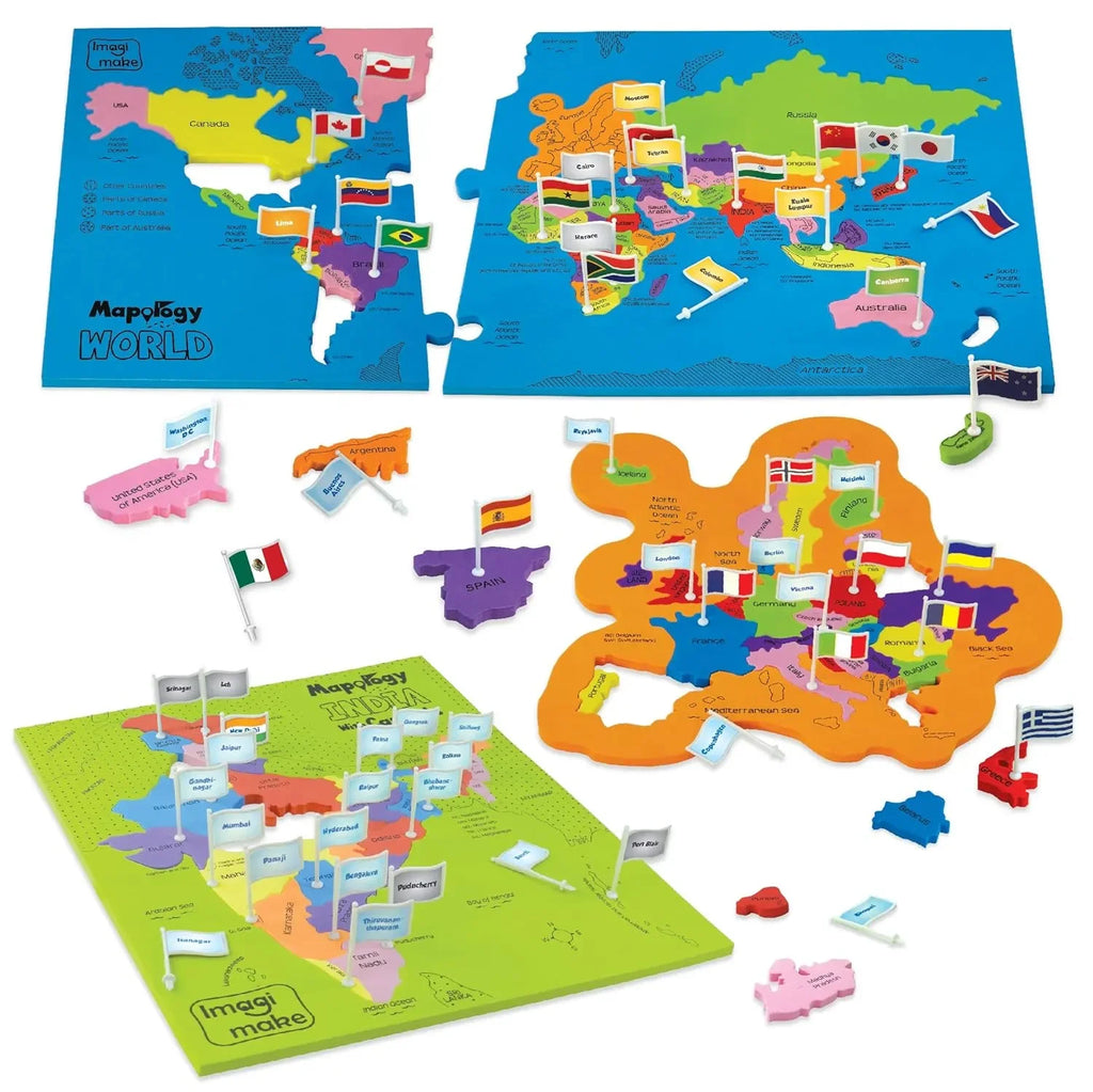 Imagimake: Mapology India and World Maps with Capitals | Educational Geography Puzzle Toy for Kids | Learn Countries, States, Capitals & Flags | Age 5+ - Naivri
