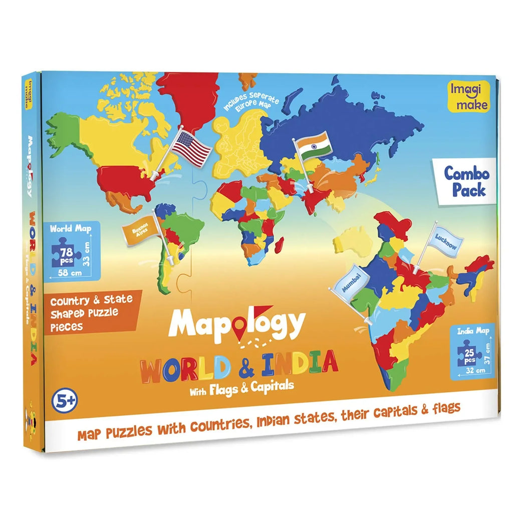 Imagimake: Mapology India and World Maps with Capitals | Educational Geography Puzzle Toy for Kids | Learn Countries, States, Capitals & Flags | Age 5+ - Naivri