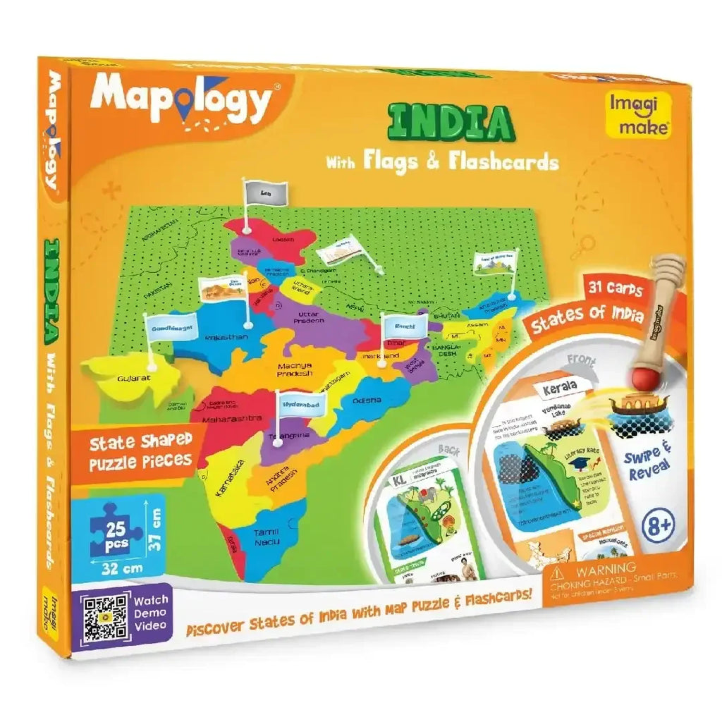 Imagimake Mapology India Map with Flash Card | Swipe & Reveal Educational Puzzle Game for Kids 7+ | Interactive Map Puzzle and Card Game with 200+ Facts | Learning Toys for Geography Enthusiasts - Naivri