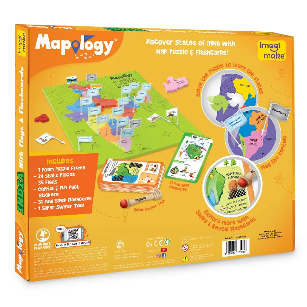 Imagimake Mapology India Map with Flash Card | Swipe & Reveal Educational Puzzle Game for Kids 7+ | Interactive Map Puzzle and Card Game with 200+ Facts | Learning Toys for Geography Enthusiasts - Naivri