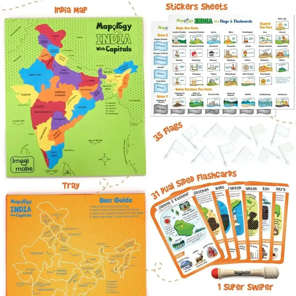Imagimake Mapology India Map with Flash Card | Swipe & Reveal Educational Puzzle Game for Kids 7+ | Interactive Map Puzzle and Card Game with 200+ Facts | Learning Toys for Geography Enthusiasts - Naivri