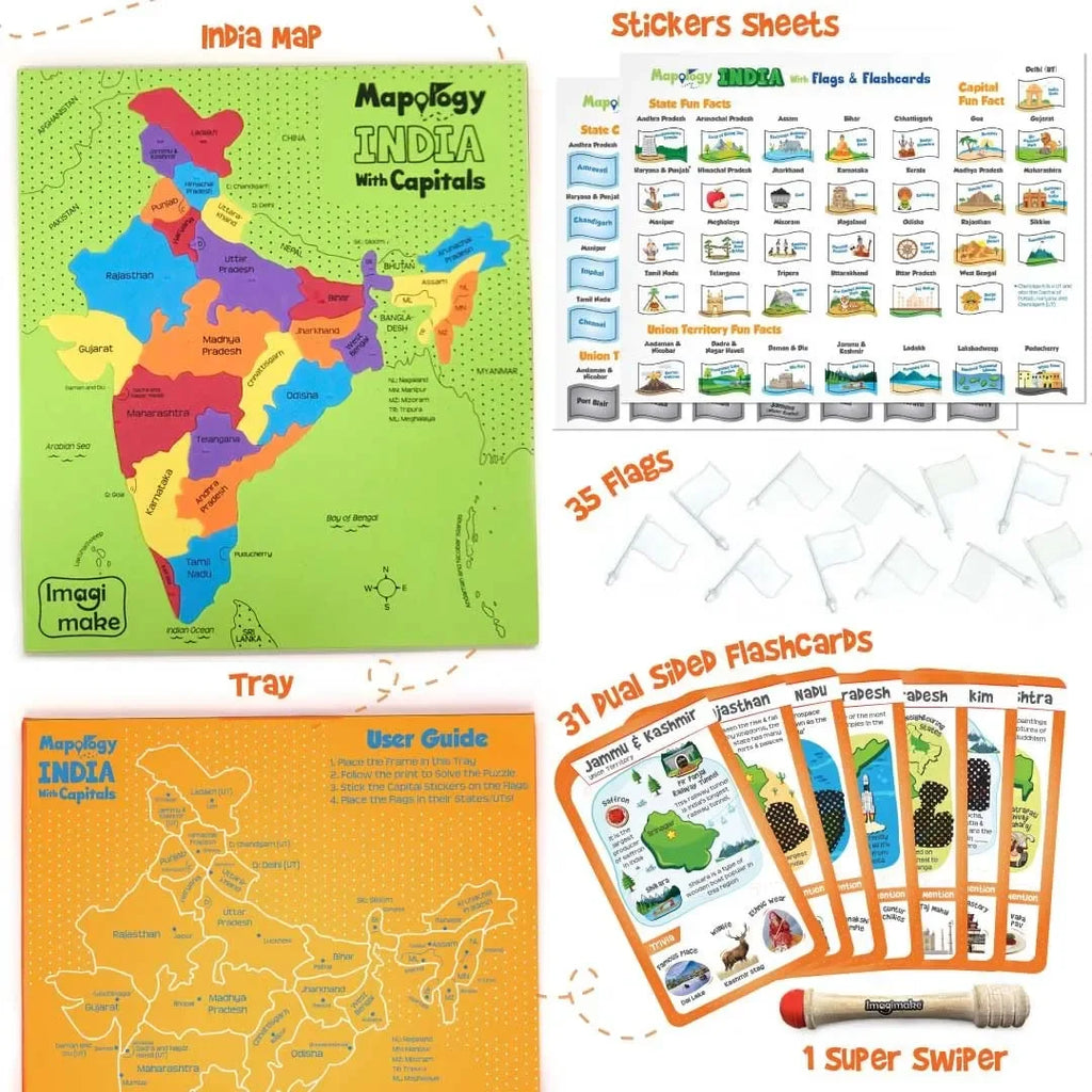 Imagimake Mapology India Map with Flash Card | Swipe & Reveal Educational Puzzle Game for Kids 7+ | Interactive Map Puzzle and Card Game with 200+ Facts | Learning Toys for Geography Enthusiasts - Naivri
