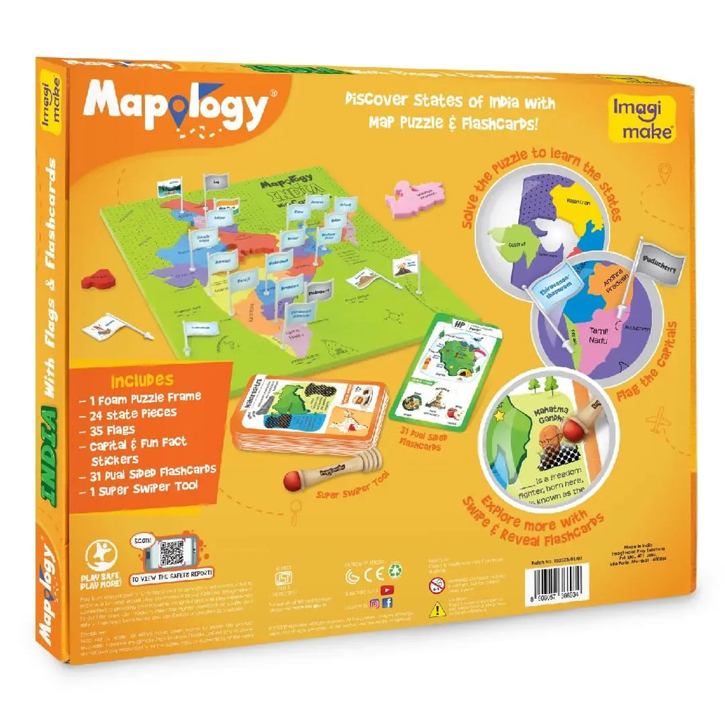 Imagimake Mapology India Map with Flash Card | Swipe & Reveal Educational Puzzle Game for Kids 7+ | Interactive Map Puzzle and Card Game with 200+ Facts | Learning Toys for Geography Enthusiasts - Naivri
