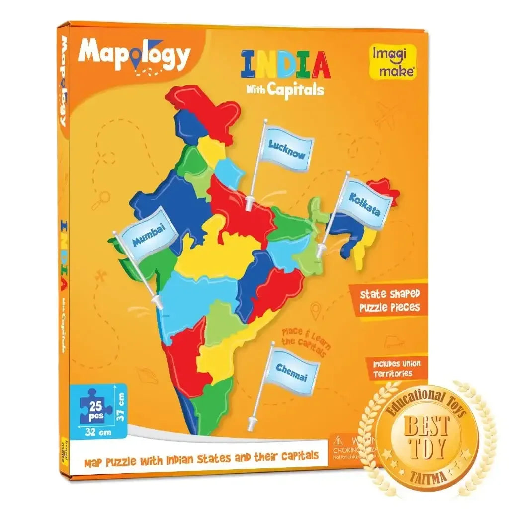 Imagimake Mapology India with State Capitals | Educational Puzzle for Kids 5 Years and Above | Geography Learning Toy | 25-Piece EVA Foam India Map Puzzle - Naivri