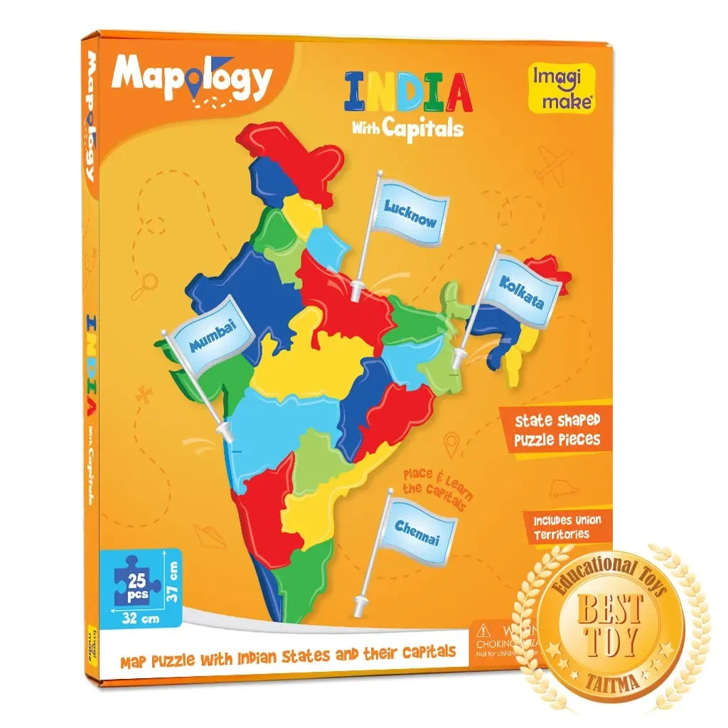 Imagimake Mapology India with State Capitals | Educational Puzzle for Kids 5 Years and Above | Geography Learning Toy | 25-Piece EVA Foam India Map Puzzle - Naivri