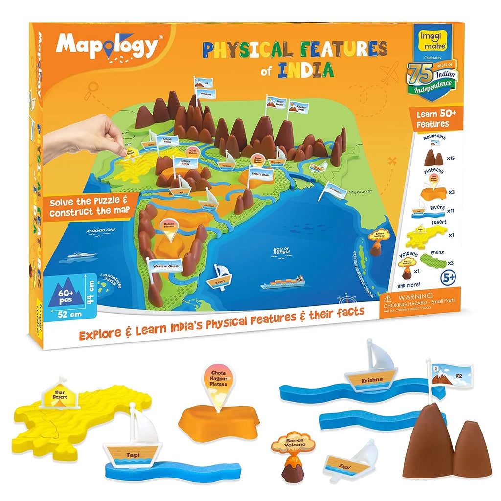 Imagimake Mapology Physical Features of India Puzzle | Learn 50+ Geographical Features | Educational Map Toy for Kids 5+ Years | 3D Puzzle with Rivers, Mountains, Plateaus - Naivri