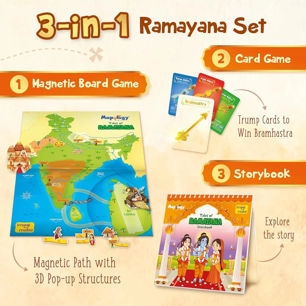 Imagimake Mapology Tales of Ramayana | 3-in-1 Magnetic Board Game, Ramayana Storybook, and Trump Cards | Interactive Educational Family Game for Kids Age 8-12 - Naivri