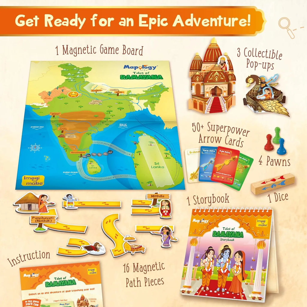 Imagimake Mapology Tales of Ramayana | 3-in-1 Magnetic Board Game, Ramayana Storybook, and Trump Cards | Interactive Educational Family Game for Kids Age 8-12 - Naivri