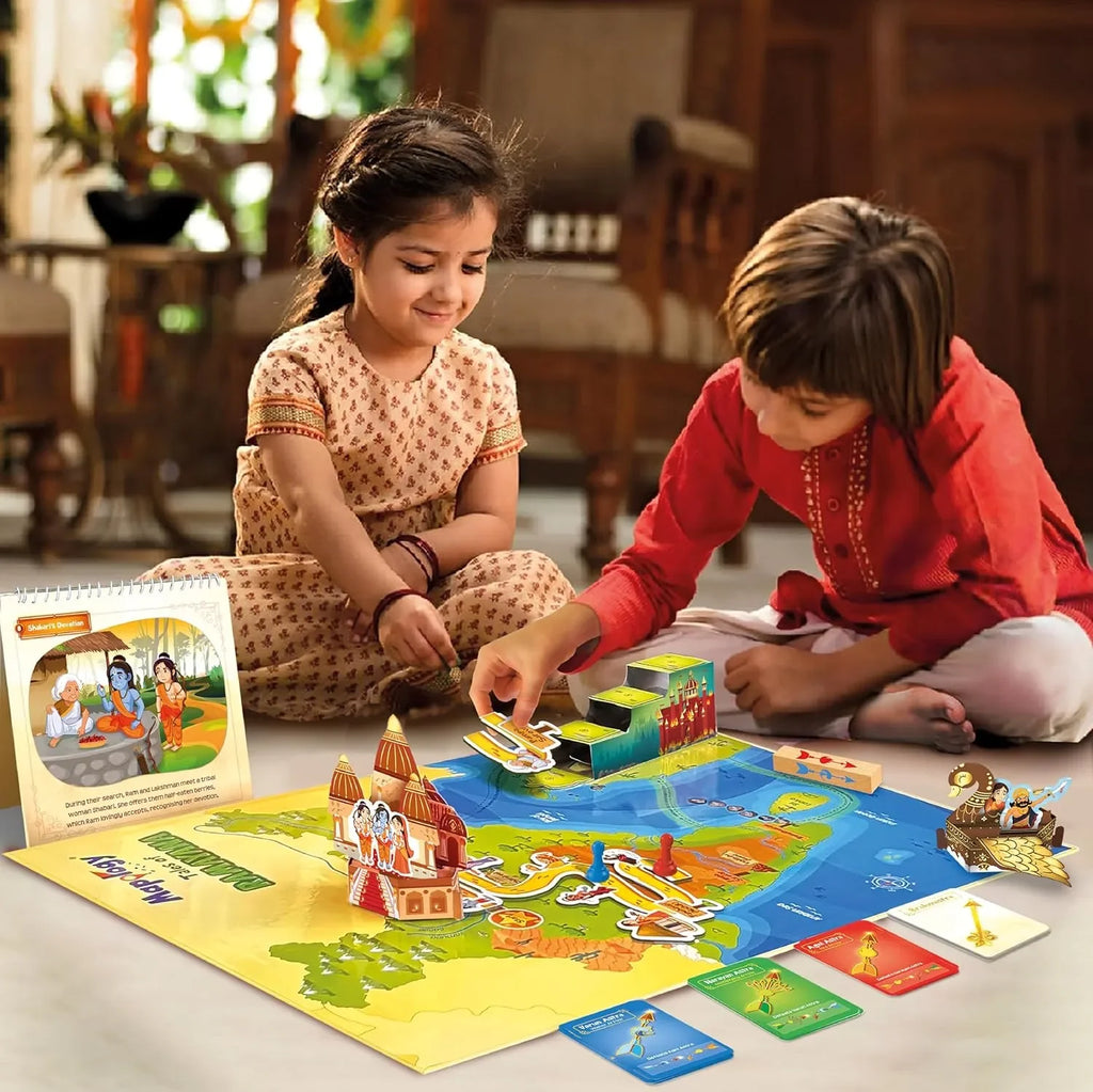Imagimake Mapology Tales of Ramayana | 3-in-1 Magnetic Board Game, Ramayana Storybook, and Trump Cards | Interactive Educational Family Game for Kids Age 8-12 - Naivri