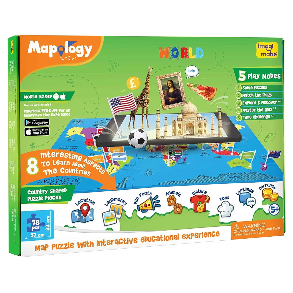 Imagimake Mapology World AR – Augmented Reality Wildlife Map & Interactive Educational Puzzle | STEAM Learning Toy for Boys & Girls | Multicolor World Map Puzzle with Flags, Facts & App Integration - Naivri