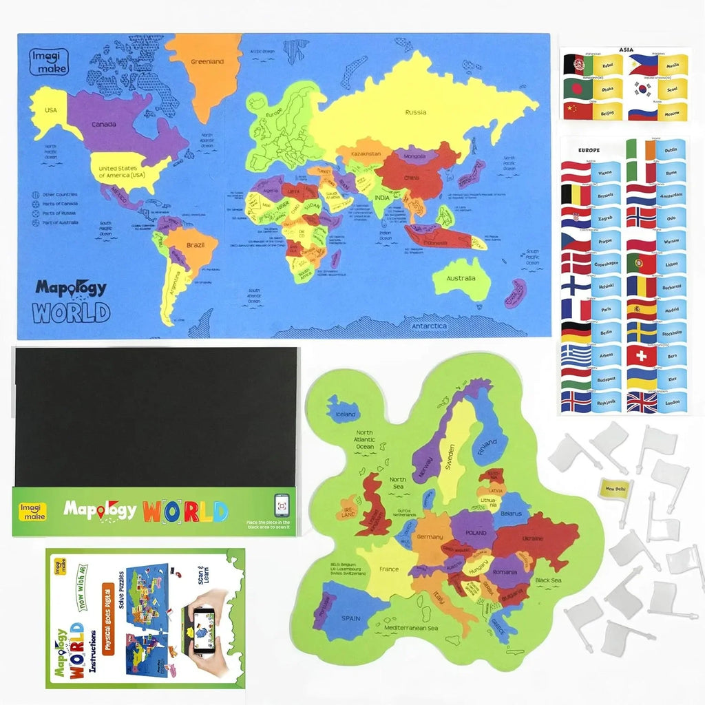 Imagimake Mapology World AR – Augmented Reality Wildlife Map & Interactive Educational Puzzle | STEAM Learning Toy for Boys & Girls | Multicolor World Map Puzzle with Flags, Facts & App Integration - Naivri
