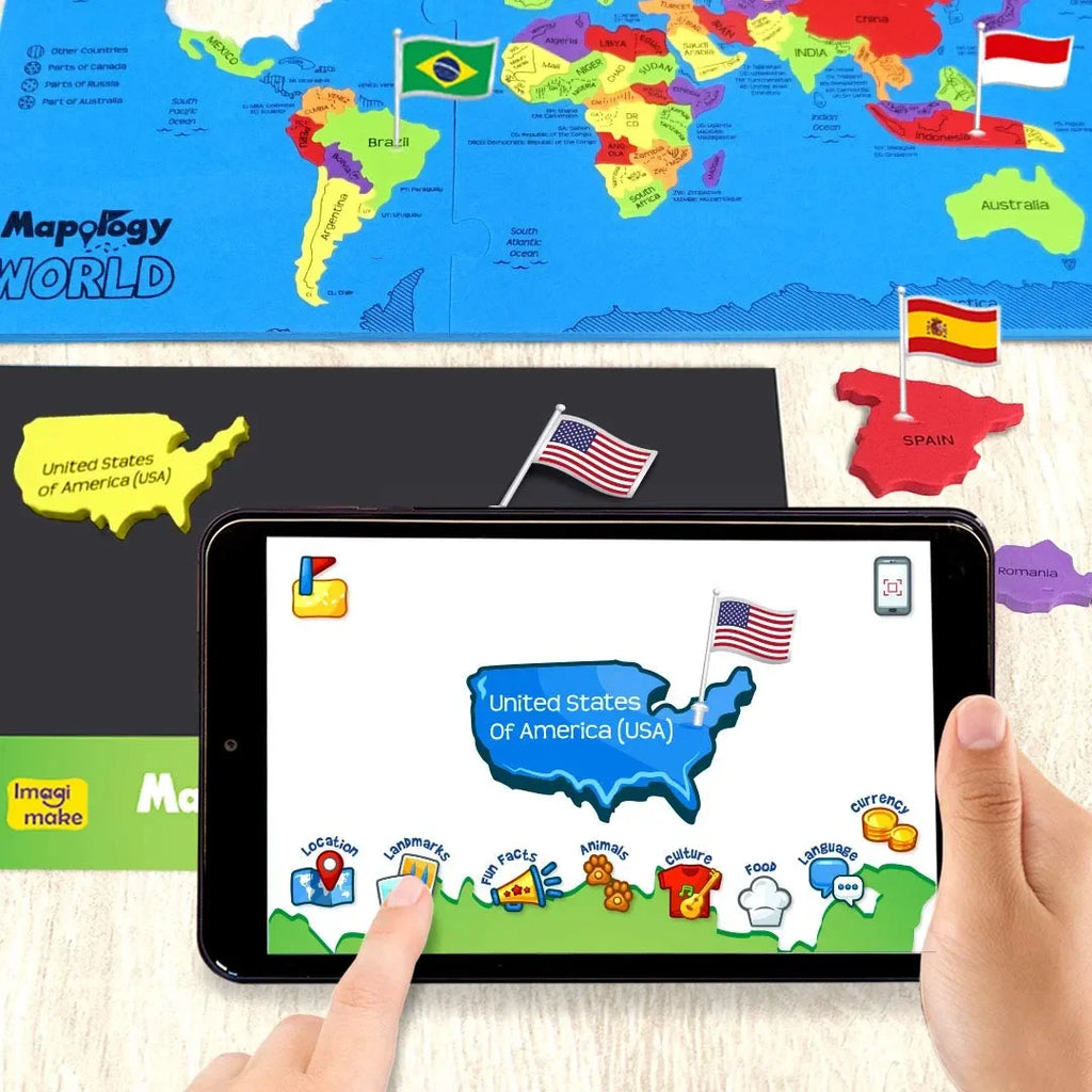 Imagimake Mapology World AR – Augmented Reality Wildlife Map & Interactive Educational Puzzle | STEAM Learning Toy for Boys & Girls | Multicolor World Map Puzzle with Flags, Facts & App Integration - Naivri