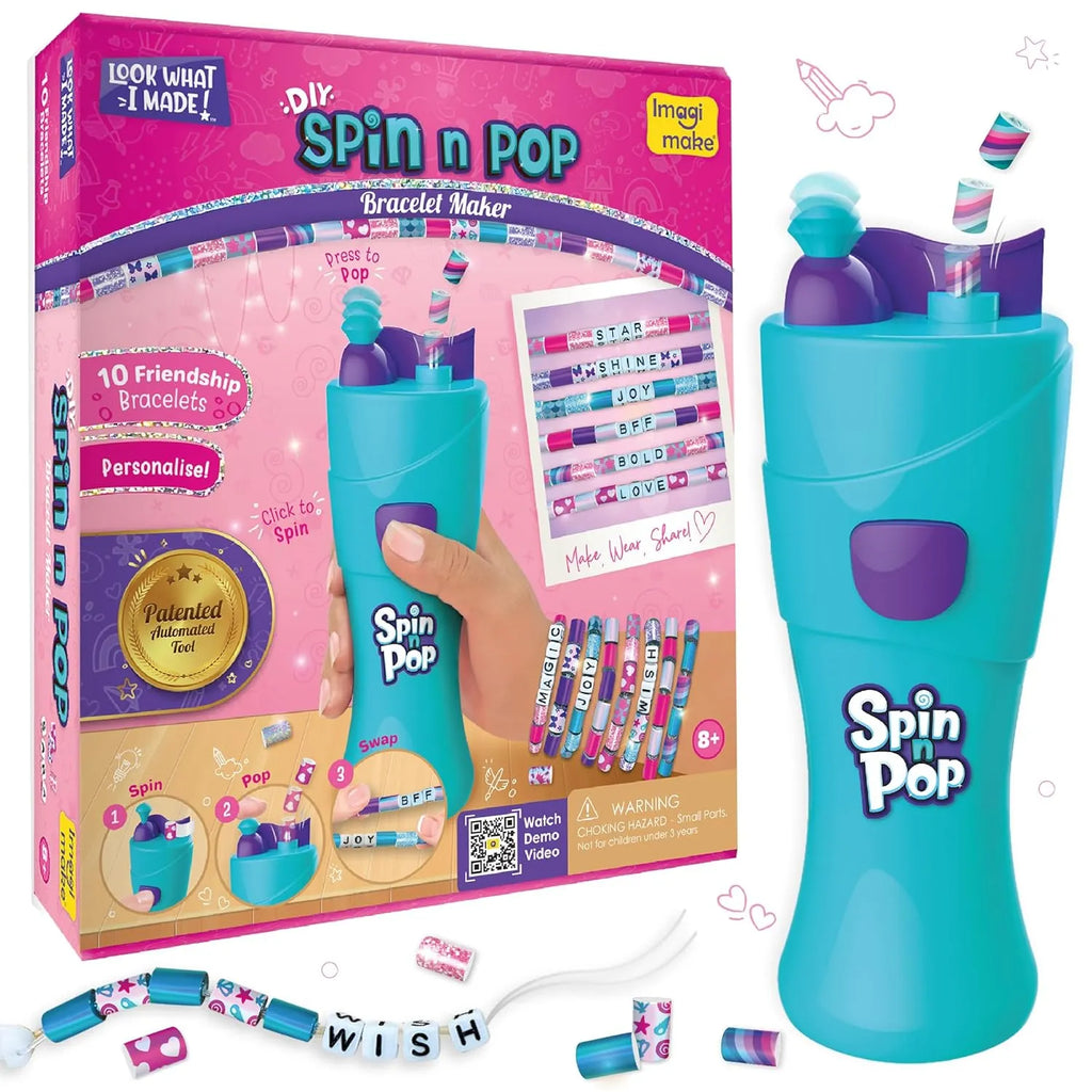 Imagimake Spin n Pop DIY Bracelet Making Kit | Electric Bracelet Maker for Girls Ages 8–12 | Create 10 Custom Friendship Bracelets with Foil Beads, Alphabet Beads & Clasps | Jewellery Craft Kit for Kids & Teens – Blue & Green - Naivri