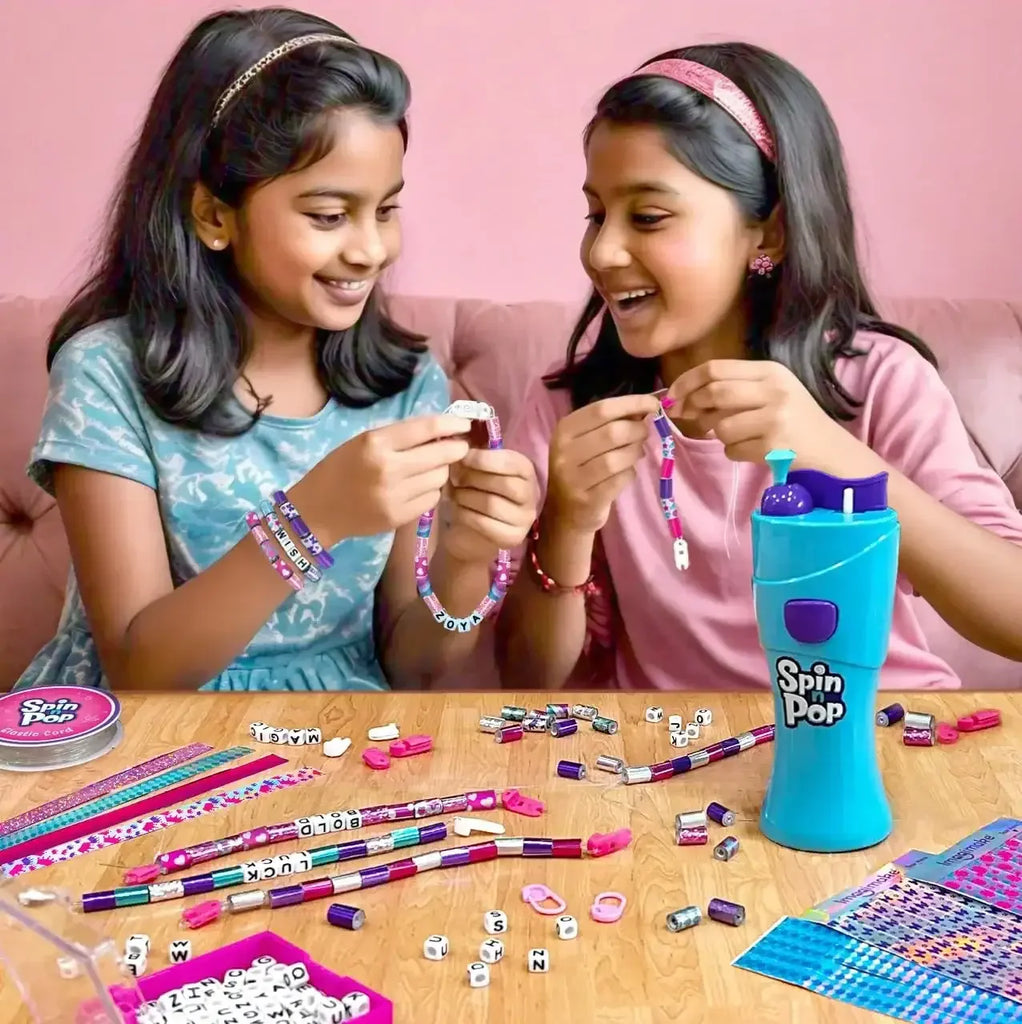 Imagimake Spin n Pop DIY Bracelet Making Kit | Electric Bracelet Maker for Girls Ages 8–12 | Create 10 Custom Friendship Bracelets with Foil Beads, Alphabet Beads & Clasps | Jewellery Craft Kit for Kids & Teens – Blue & Green - Naivri