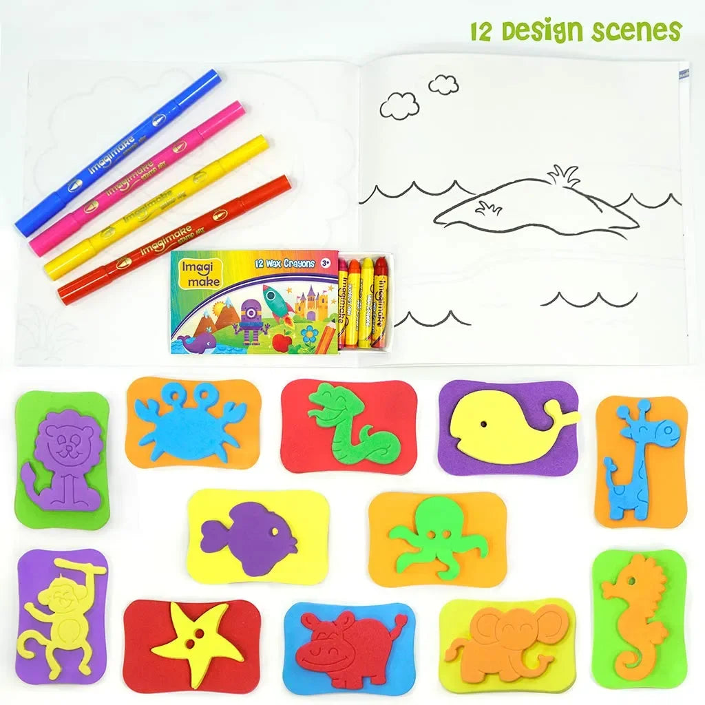 Imagimake Stamp Art – Animal Kingdom DIY Kids Colouring Book Set | Creative Stamp Kit for Boys & Girls Age 3+ | 16 Projects | Reusable Washable Stamps | Made in India | Multicolor Craft Set - Naivri