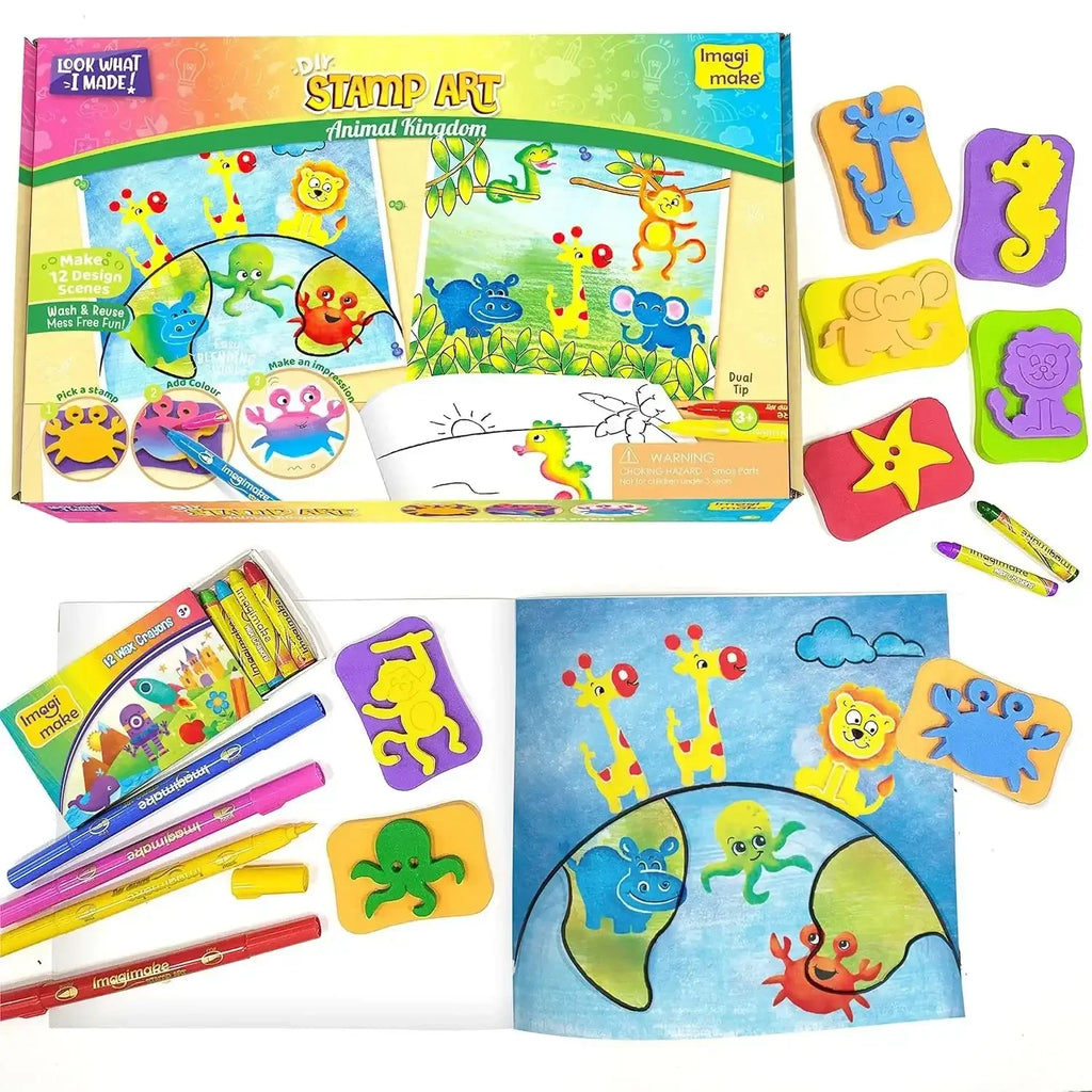 Imagimake Stamp Art – Animal Kingdom DIY Kids Colouring Book Set | Creative Stamp Kit for Boys & Girls Age 3+ | 16 Projects | Reusable Washable Stamps | Made in India | Multicolor Craft Set - Naivri