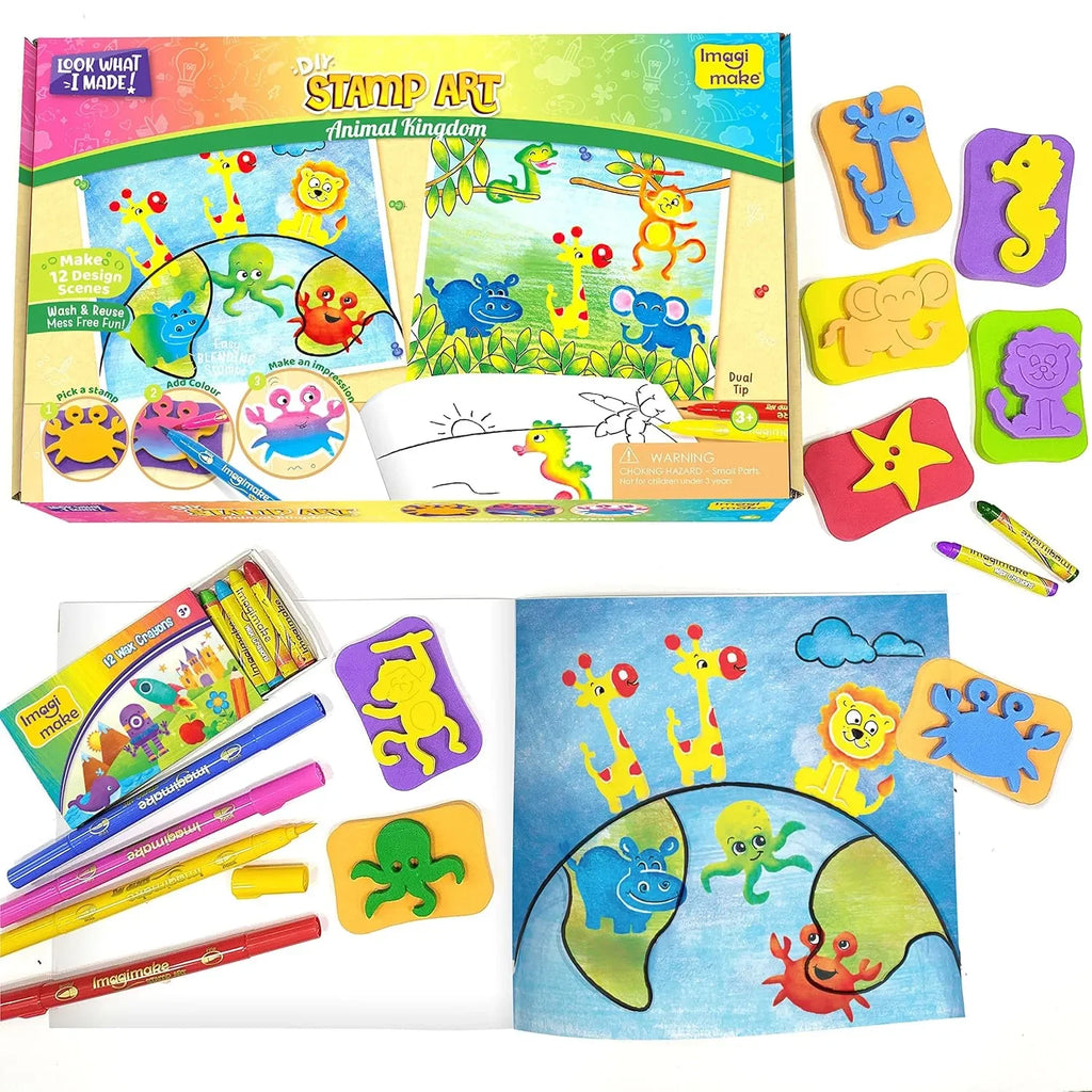 Imagimake Stamp Art – Animal Kingdom DIY Kids Colouring Book Set | Creative Stamp Kit for Boys & Girls Age 3+ | 16 Projects | Reusable Washable Stamps | Made in India | Multicolor Craft Set - Naivri