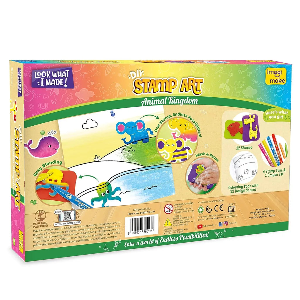 Imagimake Stamp Art – Animal Kingdom DIY Kids Colouring Book Set | Creative Stamp Kit for Boys & Girls Age 3+ | 16 Projects | Reusable Washable Stamps | Made in India | Multicolor Craft Set - Naivri