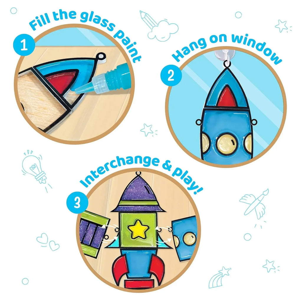 Imagimake Window Art DIY Glass Painting Kit – Rocket Theme | 64 Custom Rocket Combinations | Glass Paint for Kids | Suncatcher Stickers | Arts & Crafts Set for Boys & Girls - Naivri