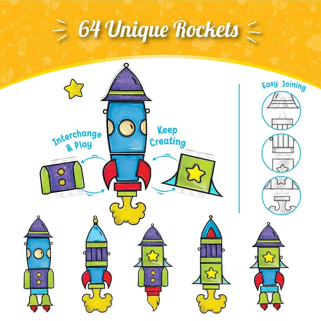 Imagimake Window Art DIY Glass Painting Kit – Rocket Theme | 64 Custom Rocket Combinations | Glass Paint for Kids | Suncatcher Stickers | Arts & Crafts Set for Boys & Girls - Naivri