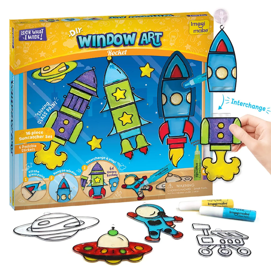 Imagimake Window Art DIY Glass Painting Kit – Rocket Theme | 64 Custom Rocket Combinations | Glass Paint for Kids | Suncatcher Stickers | Arts & Crafts Set for Boys & Girls - Naivri