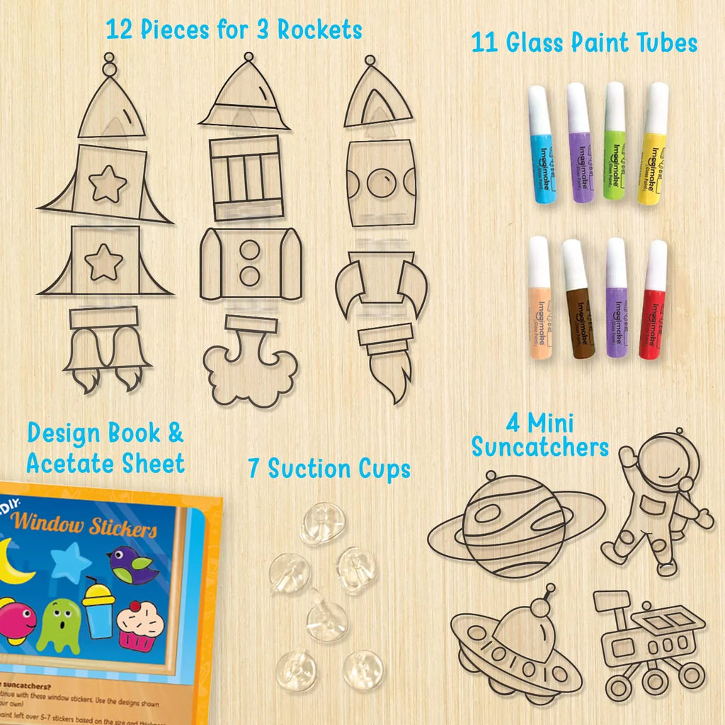 Imagimake Window Art DIY Glass Painting Kit – Rocket Theme | 64 Custom Rocket Combinations | Glass Paint for Kids | Suncatcher Stickers | Arts & Crafts Set for Boys & Girls - Naivri
