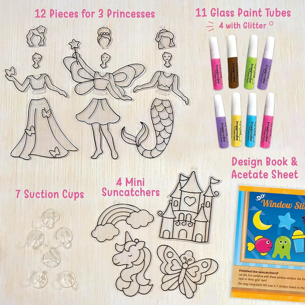 Imagimake Window Art – Princess | 16-Piece DIY Glass Painting Kit | Princess, Mermaid & Unicorn Theme | Arts & Crafts Kit for Girls Age 5+ | Glitter Paint | Multicolor - Naivri