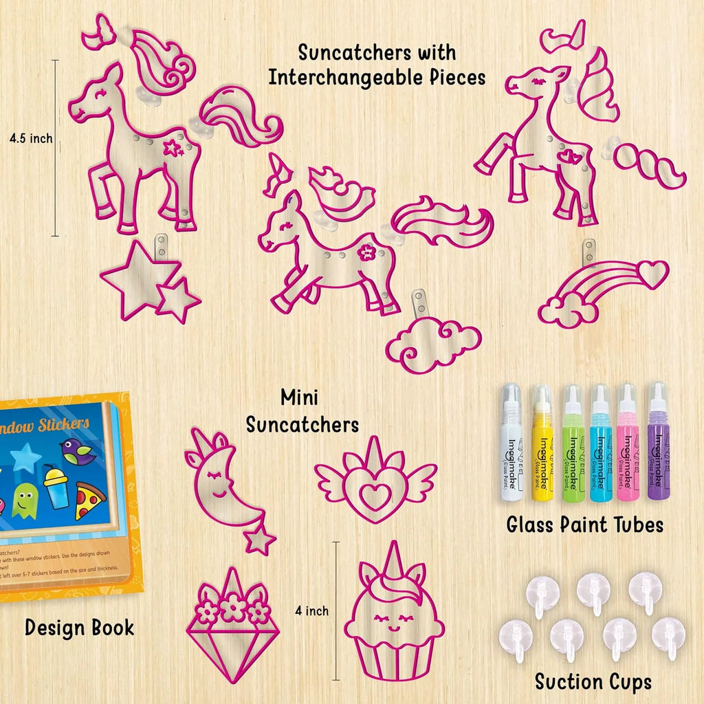 Imagimake Window Art Unicorn – DIY Glass Painting Kit | Art & Craft Kit for Girls Age 5+ | 16-Piece Suncatcher Set | Glitter Paints | Unicorn Toys for Girls - Naivri