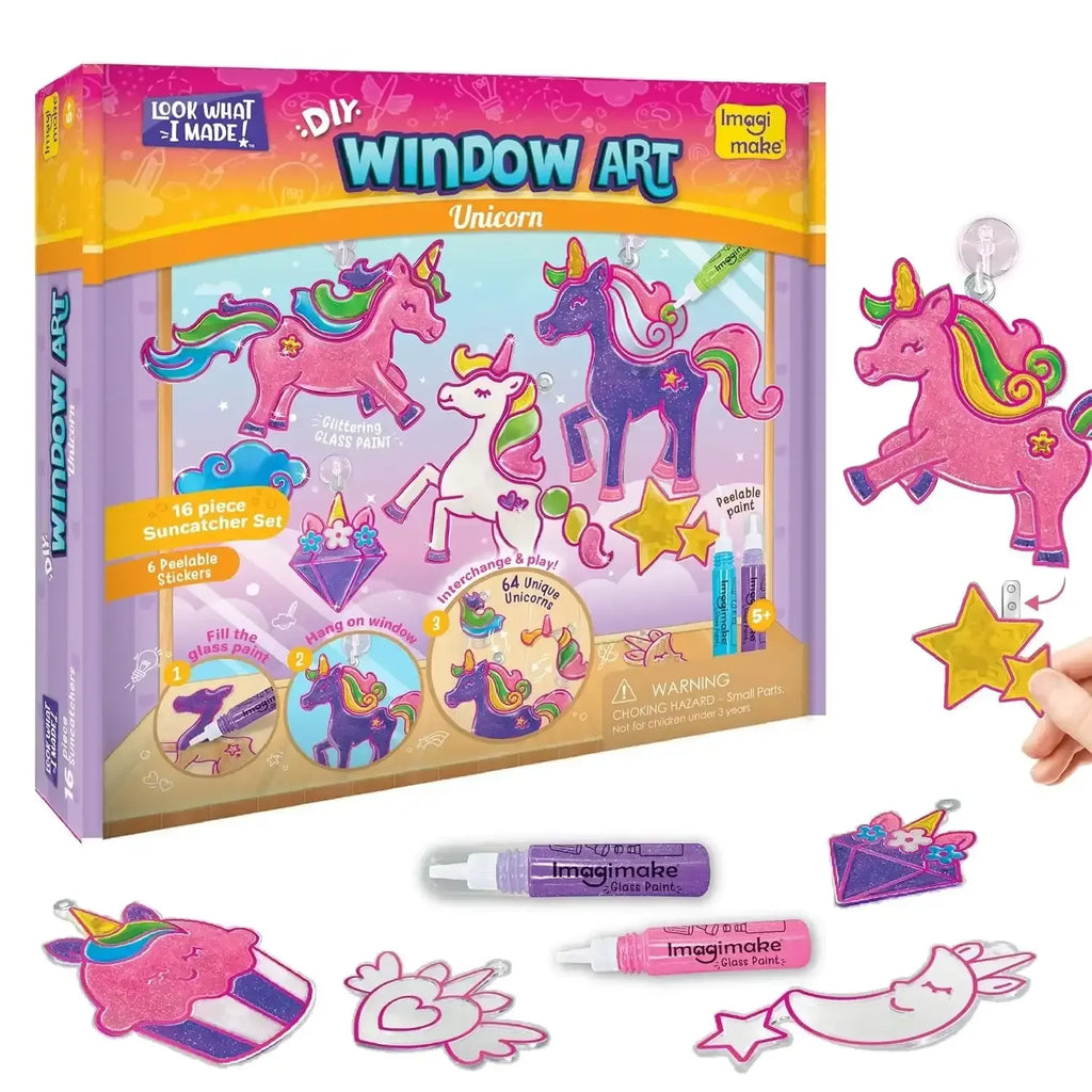 Imagimake Window Art Unicorn – DIY Glass Painting Kit | Art & Craft Kit for Girls Age 5+ | 16-Piece Suncatcher Set | Glitter Paints | Unicorn Toys for Girls - Naivri