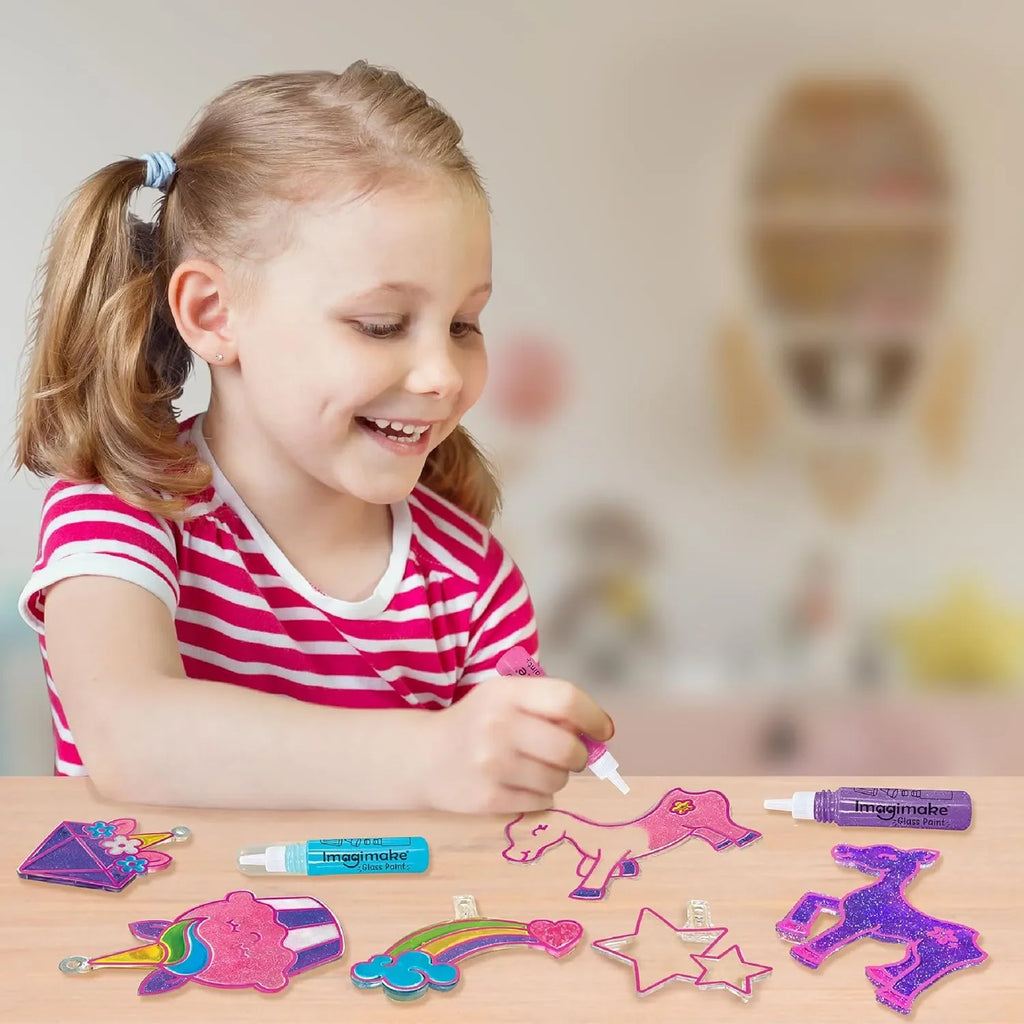 Imagimake Window Art Unicorn – DIY Glass Painting Kit | Art & Craft Kit for Girls Age 5+ | 16-Piece Suncatcher Set | Glitter Paints | Unicorn Toys for Girls - Naivri