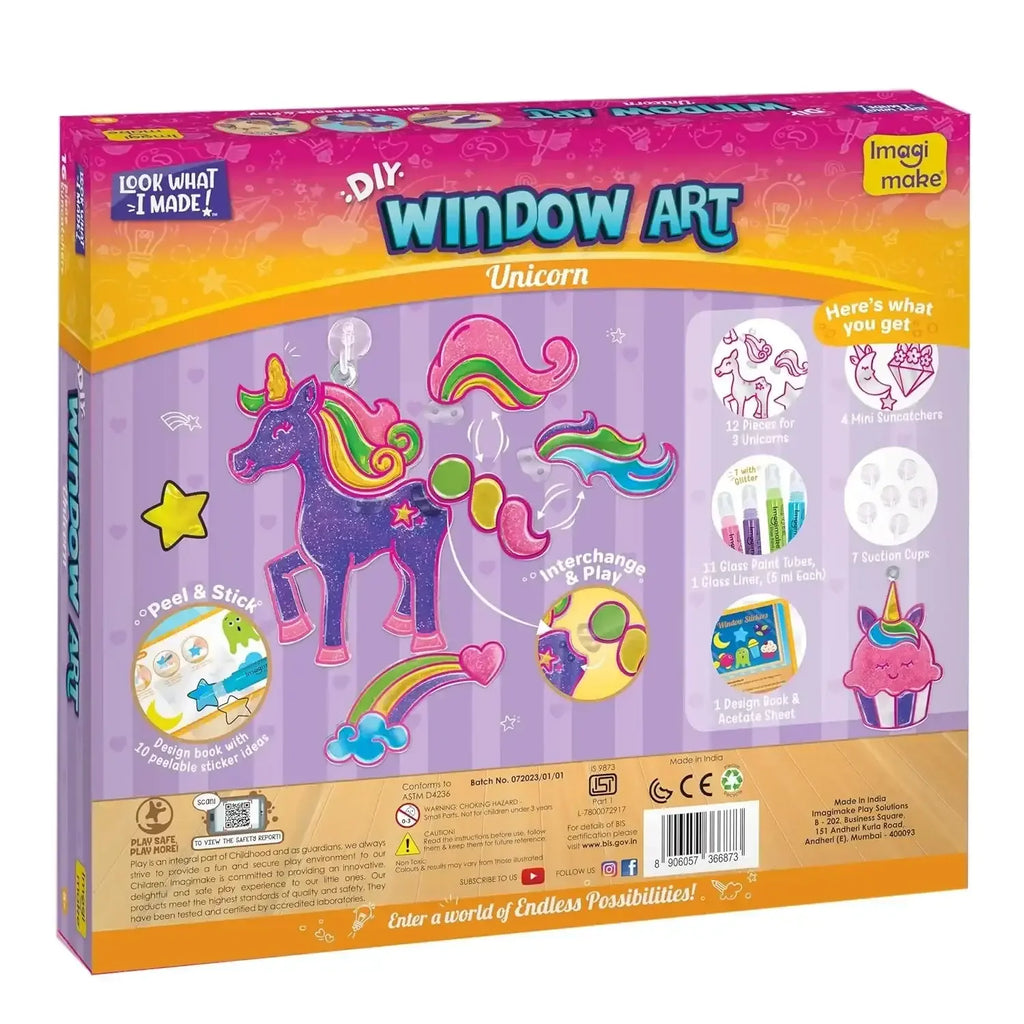 Imagimake Window Art Unicorn – DIY Glass Painting Kit | Art & Craft Kit for Girls Age 5+ | 16-Piece Suncatcher Set | Glitter Paints | Unicorn Toys for Girls - Naivri