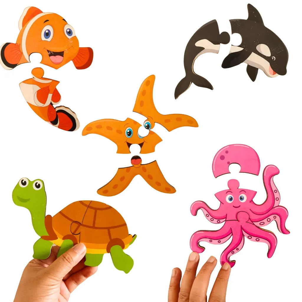 JoGenii First Puzzles Marine Animals Jumbo Wooden Puzzles - Set of 5 - 2 & 3 piece puzzles - Naivri