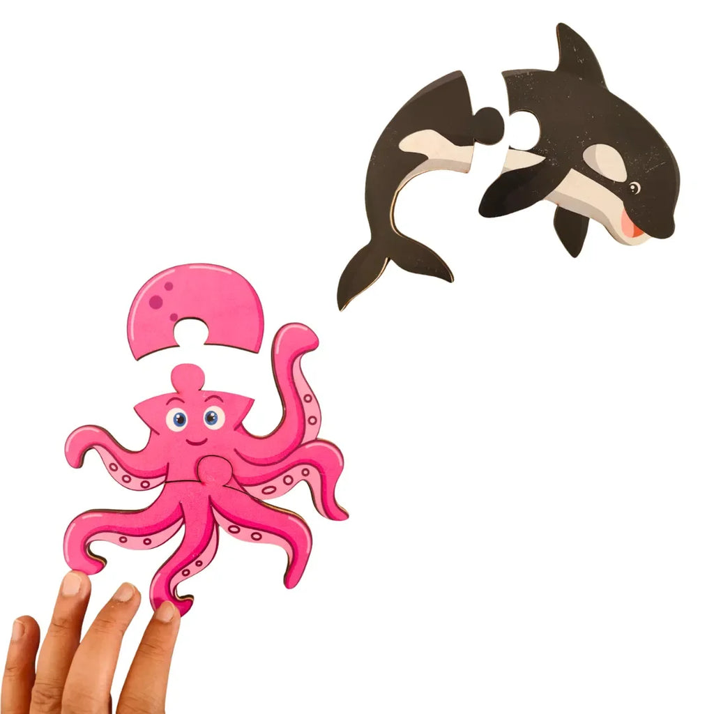 JoGenii First Puzzles Marine Animals Jumbo Wooden Puzzles - Set of 5 - 2 & 3 piece puzzles - Naivri