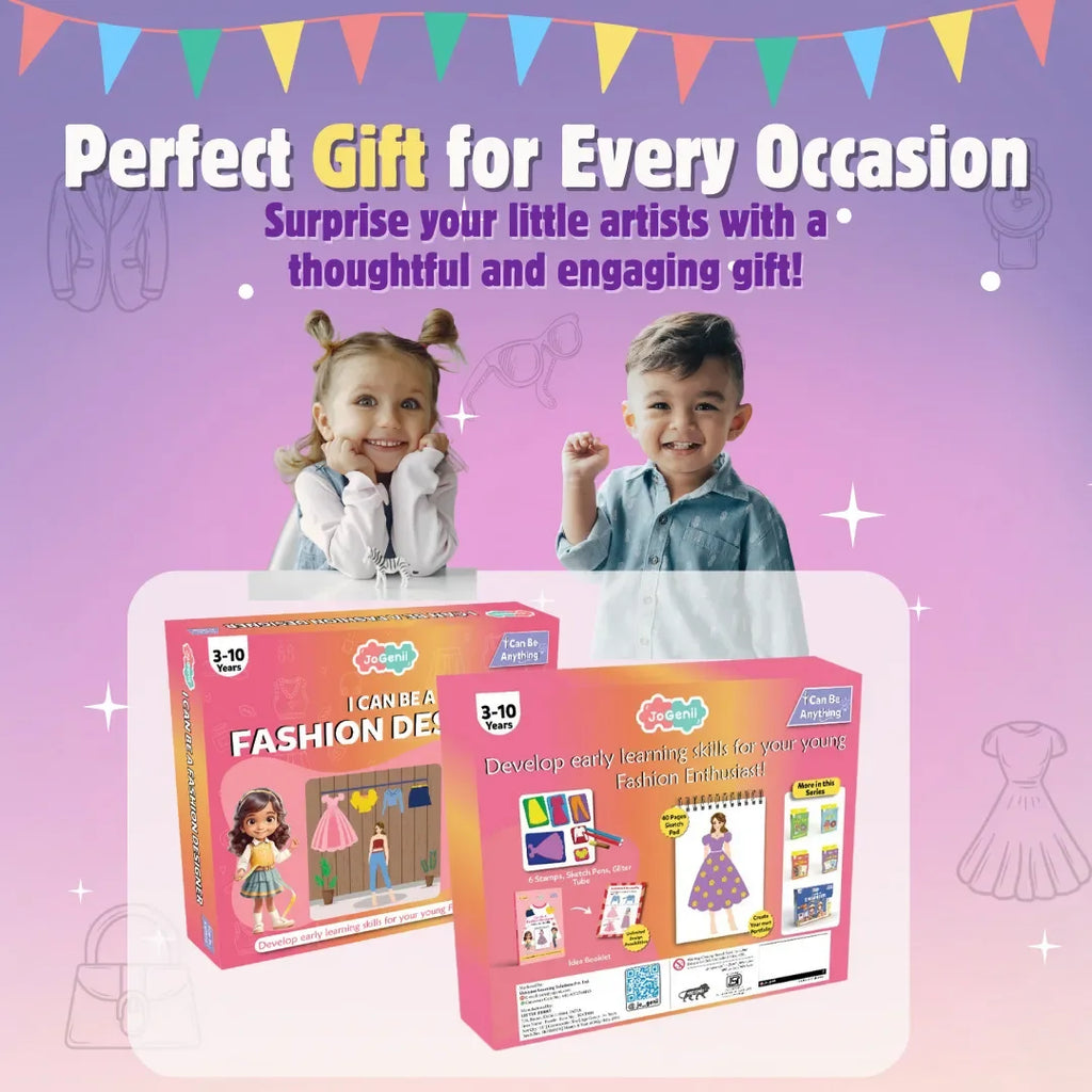 JoGenii I Can Be a Fashion Designer – Stamping Kit - diy kit colouring & painting gift, reusable craft colour set for 3, 3+, 4-5, 5+ year girls, play & learn birthday gift, arts and crafts - Naivri