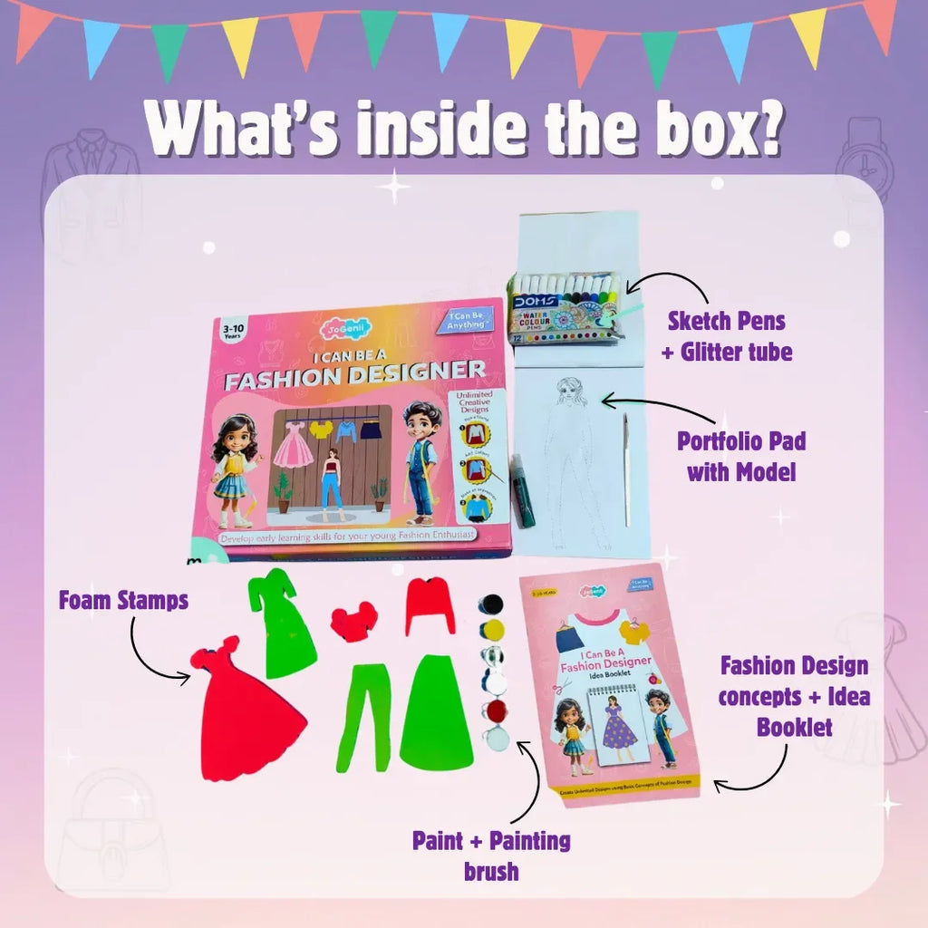JoGenii I Can Be a Fashion Designer – Stamping Kit - diy kit colouring & painting gift, reusable craft colour set for 3, 3+, 4-5, 5+ year girls, play & learn birthday gift, arts and crafts - Naivri